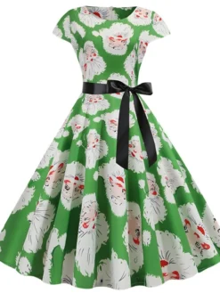 Women's Christmas Knee Length Dress Purple Wine Gray White Black Red Light Green Short Sleeve Print Bow Print Fall Winter Round Neck Casual Vintage2021 S M L XL XXL -Fashion Life Shop wzsvlu1630046098066