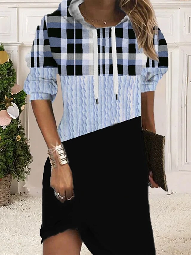 Women‘s Christmas Hoodie Dress Shift Dress Mini Dress Blue Pink Fuchsia Long Sleeve Plaid Print Fall Spring Hooded Daily Vacation Loose Fit 2022 S M L XL XXL 3XL 3 Women‘s Christmas Hoodie Dress Shift Dress Mini Dress Blue Pink Fuchsia Long Sleeve Plaid Print Fall Spring Hooded Daily Vacation Loose Fit 2022 S M L XL XXL 3XL - Image 3