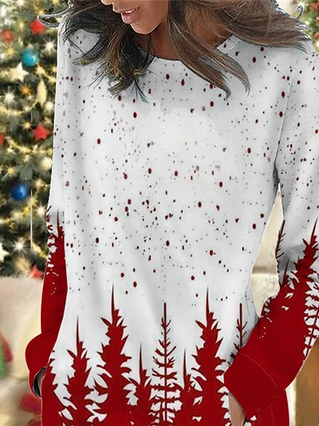 Women's Christmas Casual Dress Sweatshirt Dress Mini Dress Warm Fashion OutdoorHoliday Crew Neck Pocket PrintTree Loose Fit Burgundy Green S M L XL XXL 3 Women's Christmas Casual Dress Sweatshirt Dress Mini Dress Warm Fashion OutdoorHoliday Crew Neck Pocket PrintTree Loose Fit Burgundy Green S M L XL XXL - Image 3