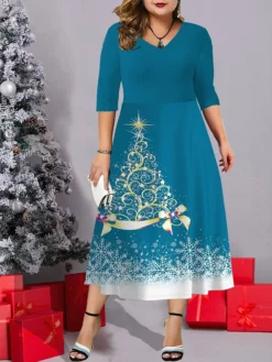 Women's Christmas Plus Size Curve Casual Dress Work Dress Swing Dress Christmas Tree Snowflake Midi Dress Half Sleeve Pocket Print V Neck Fashion Outdoor Wine Navy Blue Fall Winter L XL XXL 3XL 4XL -Fashion Life Shop xakuzg1695713707421