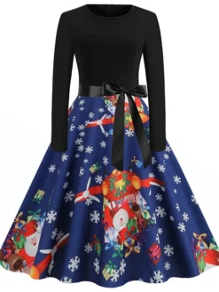 Women's Christmas Swing Dress Vintage Dress Midi Dress Green Blue Light Green Long Sleeve Santa Claus Bow Winter Fall Autumn Crew Neck Fashion Daily Date 2022 S M L XL XXL 3XL