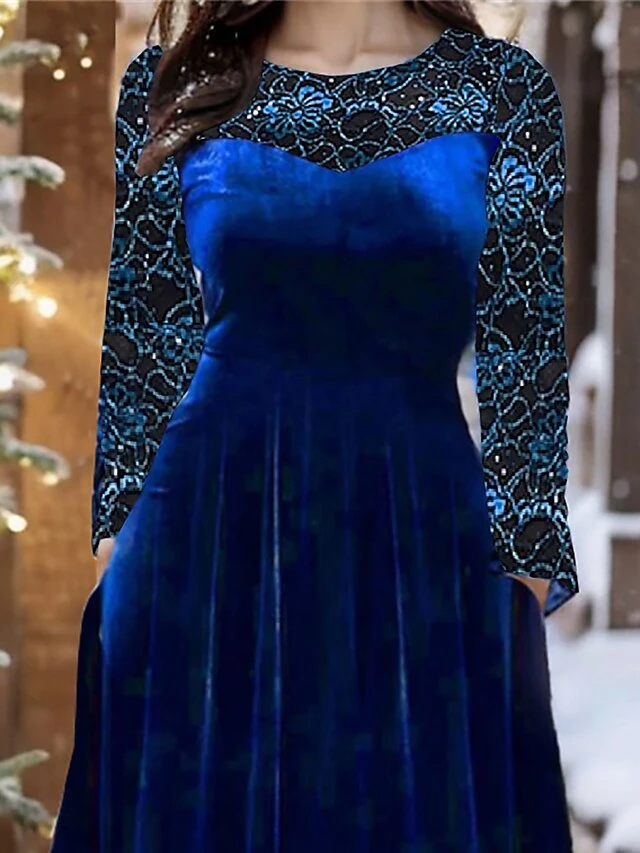Women's Christmas Dress Velvet Dress Winter Dress Midi Dress Pocket Outdoor Christmas Street Fashion Elegant Crew Neck Long Sleeve 2023 Regular Fit Blue Color S M L XL XXL Size 2 Women's Christmas Dress Velvet Dress Winter Dress Midi Dress Pocket Outdoor Christmas Street Fashion Elegant Crew Neck Long Sleeve 2023 Regular Fit Blue Color S M L XL XXL Size - Image 2