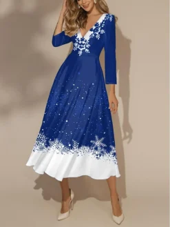 Women's Casual Dress Christmas Dress Swing Dress Snowflake Print V Neck Midi Dress Fashion Streetwear Outdoor Christmas 3/4 Length Sleeve Regular Fit Black Red Blue Fall Winter S M L XL XXL -Fashion Life Shop xasfri1697195315436