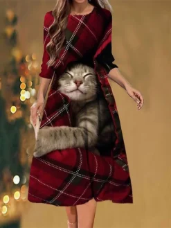 Women's Christmas Casual Dress Shift Dress Midi Dress Red 3/4 Length Sleeve Animal Ruched Winter Fall Autumn Fashion Christmas Daily 2022 S M L XL XXL 3XL