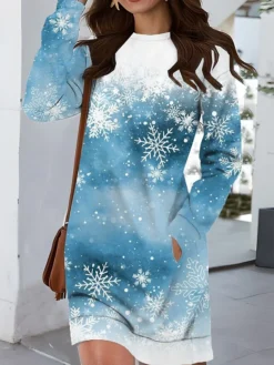 Women‘s Christmas Casual Dress Sweatshirt Dress Mini Dress Warm Fashion Outdoor Vacation Crew Neck Pocket Print Geometric Snowman Loose Fit Wine Navy Blue Royal Blue S M L XL XXL