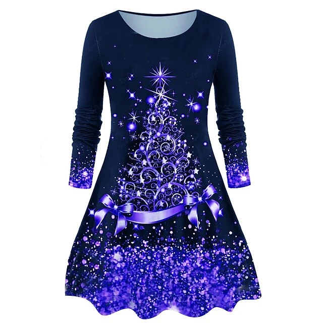 Women's Casual Dress Christmas Dress T Shirt Dress Tee Dress Christmas Tree Pocket Print Crew Neck Midi Dress Fashion Streetwear Outdoor Christmas Long Sleeve Regular Fit Burgundy Purple Gold Fall 3 Women's Casual Dress Christmas Dress T Shirt Dress Tee Dress Christmas Tree Pocket Print Crew Neck Midi Dress Fashion Streetwear Outdoor Christmas Long Sleeve Regular Fit Burgundy Purple Gold Fall - Image 3