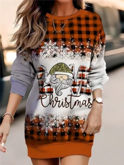 Women‘s Christmas Casual Dress Sweatshirt Dress Mini Dress Warm Fashion Outdoor Holiday Crew Neck Print Geometric Santa Claus Loose Fit Red Orange Green S M L XL XXL -Fashion Life Shop xcixyu1695195034798