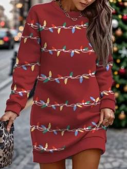 Women's Casual Dress Christmas Dress Sweatshirt Dress Geometric Snowflake Print Crew Neck Mini Dress Fashion Streetwear Outdoor Christmas Long Sleeve Loose Fit Pink Wine Red Fall Winter S M L XL XXL -Fashion Life Shop xcxkge1695211776044