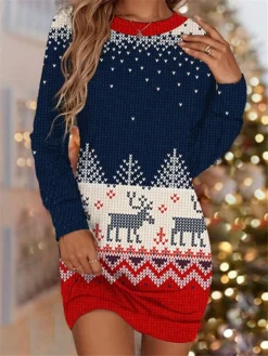 Women's Christmas Sweatshirt Dress Shift Dress Blue Navy Blue Long Sleeve Elk Print Winter Fall Autumn Fashion Christmas Daily Loose Fit 2022 S M L XL XXL 3XL -Fashion Life Shop xdznqh1667792901295