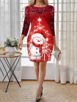Women's Casual Dress Christmas Dress Winter Dress Snowman Patchwork Sequin Crew Neck Mini Dress Fashion Modern Outdoor Christmas 3/4 Length Sleeve Regular Fit Wine Fall Winter S M L XL XXL