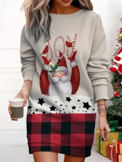 Women's Christmas Casual Dress Sweatshirt Dress Mini Dress Warm Fashion OutdoorVacation Crew Neck Print Santa Claus Loose Fit Black Red Beige S M L XL XXL -Fashion Life Shop xeolyq1695365433013