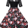 Women's Christmas Casual Dress Lace Dress Midi Dress Black Short Sleeve Santa Claus Hat Lace Print Winter Fall V Neck Vintage Elegant Casual 2022 S M L XL 2XL 3XL