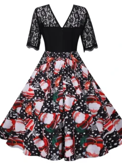 Women's Christmas Casual Dress Lace Dress Midi Dress Black Short Sleeve Santa Claus Hat Lace Print Winter Fall V Neck Vintage Elegant Casual 2022 S M L XL 2XL 3XL