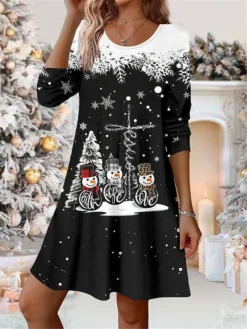 Women's Casual Dress Christmas Dress Winter Dress Christmas Tree Snowflake Print V Neck Mini Dress Fashion Streetwear Outdoor Christmas Long Sleeve Loose Fit Black And White Black White Fall Winter S -Fashion Life Shop xezfys1697097366545