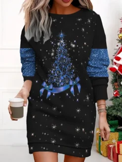 Women's Christmas Casual Dress Sweatshirt Dress Mini Dress Warm Fashion Outdoor Vacation Crew Neck Print Christmas Tree Loose Fit Pink Blue Purple S M L XL XXL -Fashion Life Shop xfzyqz1695375612894