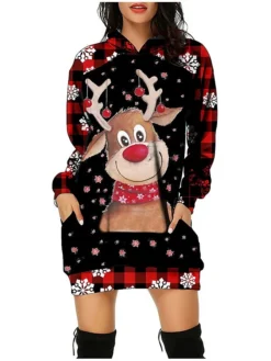 Women‘s Christmas Hoodie Dress Winter Dress Snowflake Scarf Fawn Star Scarf Fawn Cape Deer Colored Horned Fawn Long Sleeve Elk Snowflake Pocket Print Winter Fall Hooded Stylish Casual Fall Dress