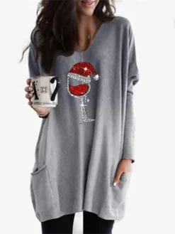 Women's Christmas Casual Dress Shift DressShort Mini Dress Blue Purple Orange Gray Long Sleeve Geometric Snowflake Hat Patchwork Pocket Print Fall Winter V Neck Casual Batwing Sleeve Belt -Fashion Life Shop xgmuws1664257817279