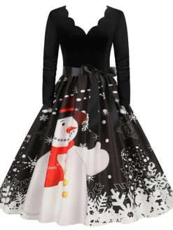 Women's Christmas Party Dress Swing DressKnee Length Dress Green Purple Wine Red Black Long Sleeve Santa Claus Elk Snowman Print Fall Winter V Neck Vintage Party Elegant Party 2022 S M L XL XXL 3XL -Fashion Life Shop xhdkmv1665475506820