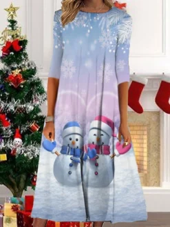 Women's Christmas Casual Dress Shift Dress Midi Dress Midi Dress Black Blue Light Blue 3/4 Length Sleeve Snowman Ruched Winter Fall Autumn Round Neck Fashion Daily 2022 S M L XL XXL 3XL