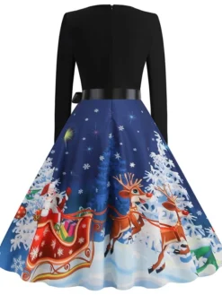 Women's Christmas Casual Dress Swing Dress Midi Dress Blue Purple Royal Blue Light Blue White Long Sleeve Santa Claus Elk Tree Bow Print Winter Fall V Neck Vacation Vintage 2022 S M L XL -Fashion Life Shop xiexxj1666927318595