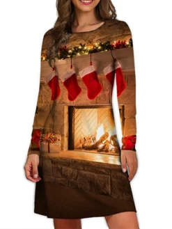 Women's Christmas Casual Dress T Shirt Dress Tee Dress Mini Dress Black And White Green Black Long Sleeve Santa Claus Print Winter Fall Spring Crew Neck Fashion Daily Vacation Loose Fit 2022 S M L XL -Fashion Life Shop xighvq1667541320167