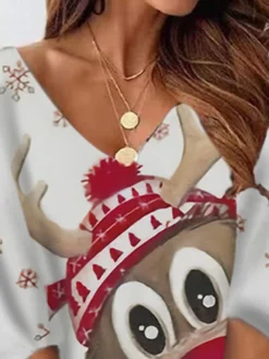 Women‘s Christmas Sweat DressShort Mini Dress White 3/4 Length Sleeve Elk Snowflake Print Fall Winter V Neck Vacation Casual 2022 S M L XL XXL 3XL -Fashion Life Shop xikuis1663555337392