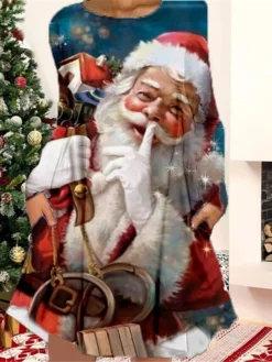 Women's Christmas Casual Dress T Shirt Dress Tee Dress Shift Dress Mini Dress Blue Wine Dark Green Long Sleeve Letter Pocket Winter Fall Autumn Crew Neck Fashion Christmas Daily 2022 S M L XL XXL 3XL