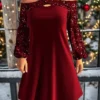 Women's Christmas Dress Velvet Dress Casual Dress Mini Dress Cut Out Cold Shoulder Christmas Street Vacation Fashion Streetwear V Neck Long Sleeve 2023 Regular Fit Wine Color S M L XL XXL Size