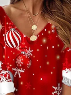 Women's Christmas Sweatshirt Dress Shift Dress Mini Dress Wine 3/4 Length Sleeve Snowflake Print Winter Fall Autumn V Neck Fashion 2022 S M L XL XXL 3XL -Fashion Life Shop xjormz1667900369249