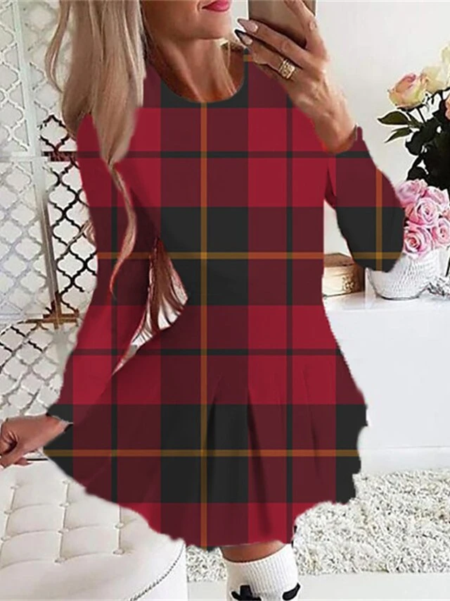 Women's Christmas Swing DressShort Mini Dress Wine Light Red Dark Blue Red Light Blue Long Sleeve Plaid Letter Snowman Print Fall Winter Crew Neck Stylish Romantic 2022 S M L XL 2XL 2 Women's Christmas Swing DressShort Mini Dress Wine Light Red Dark Blue Red Light Blue Long Sleeve Plaid Letter Snowman Print Fall Winter Crew Neck Stylish Romantic 2022 S M L XL 2XL - Image 2