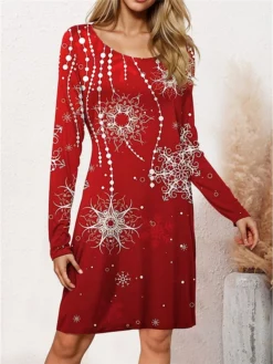 Women's Casual Dress Christmas Dress Winter Dress Snowflake Print V Neck Mini Dress Fashion Streetwear Outdoor Christmas Long Sleeve Loose Fit Black Wine Blue Fall Winter S M L XL XXL