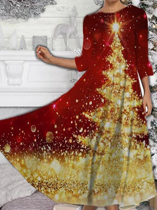 Women's Casual Dress Swing Dress Midi Dress Wine Blue Purple 3/4 Length Sleeve Christmas Tree Ruched Spring Fall Winter Crew Neck Fashion Christmas 2023 S M L XL XXL 3XL 4XL 5XL 3 Women's Casual Dress Swing Dress Midi Dress Wine Blue Purple 3/4 Length Sleeve Christmas Tree Ruched Spring Fall Winter Crew Neck Fashion Christmas 2023 S M L XL XXL 3XL 4XL 5XL - Image 3