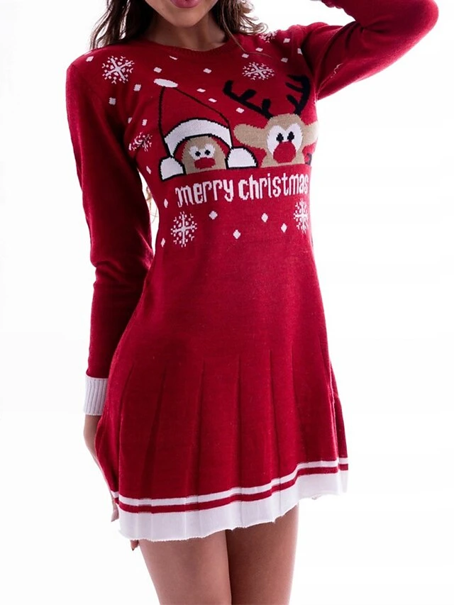 Women's Sweater Dress Christmas Sweater Dress Jumper Dress Mini Dress Ugly Letter Snowflake Deer Outdoor Christmas Casual Holiday Crew Neck Long Sleeve Ruched Ruffle 2023 Regular Fit Wine Rusty Red 3 Women's Sweater Dress Christmas Sweater Dress Jumper Dress Mini Dress Ugly Letter Snowflake Deer Outdoor Christmas Casual Holiday Crew Neck Long Sleeve Ruched Ruffle 2023 Regular Fit Wine Rusty Red - Image 3