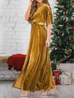 Women's Christmas Dress Casual Dress Velvet Dress Long Dress Maxi Dress Ruched Split Outdoor Christmas Daily Fashion Elegant Crew Neck Half Sleeve 2023 Loose Fit Black Wine Gold Color S M L XL Size -Fashion Life Shop xloviy1694089527389