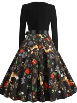 Women's Christmas Casual Dress Knee Length Dress Black Long Sleeve SnowflakeTree Animal Bow Print Fall Winter Crew Neck Stylish Casual Modern 2022 S M L XL XXL -Fashion Life Shop xlteiv1661418253913