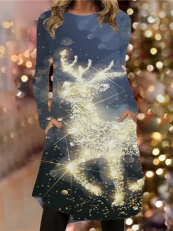 Women's Christmas Casual Dress T Shirt Dress Tee Dress Mini Dress Blue Wine Navy Blue White Black Long Sleeve Santa Claus Elk Snowman Pocket Print Winter Fall Crew Neck Vacation Casual 2022 S M L XL -Fashion Life Shop xlwfmw1666761975112