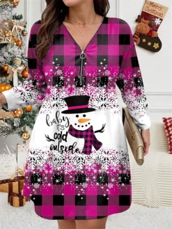Women's Plus Size Curve Christmas Dress Casual Dress Winter Dress Plaid Snowman Mini Dress Long Sleeve Print V Neck Fashion Outdoor Yellow Wine Fall Winter L XL 2XL 3XL 4XL -Fashion Life Shop xmfzye1697799842309