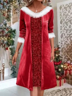 Women's Casual Dress Velvet Dress Sequin Dress Midi Dress Wine Long Sleeve Pure Color Sequins Spring Fall Winter V Neck Fashion Winter Dress Christmas Wedding Guest 2023 S M L XL XXL 3XL