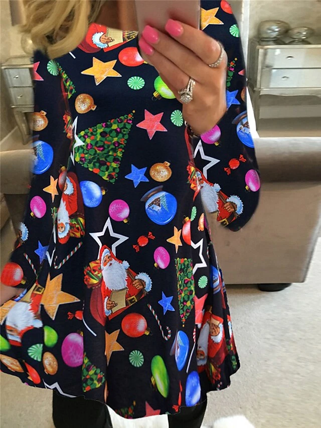 Women's Casual Dress Christmas Dress Print Dress Geometric Santa Claus Print Crew Neck Mini Dress Fashion Modern Christmas Daily Long Sleeve Regular Fit Black Red Navy Blue Fall Winter S M L XL XXL 3 Women's Casual Dress Christmas Dress Print Dress Geometric Santa Claus Print Crew Neck Mini Dress Fashion Modern Christmas Daily Long Sleeve Regular Fit Black Red Navy Blue Fall Winter S M L XL XXL - Image 3
