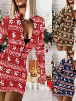 Women's Christmas Casual Dress BodyconShort Mini Dress Dark Blue Red Brown Long Sleeve Geometric Elk Snowflake Zipper Print Fall Winter Stand Collar Casual Sexy 2022 S M L XL XXL 3XL