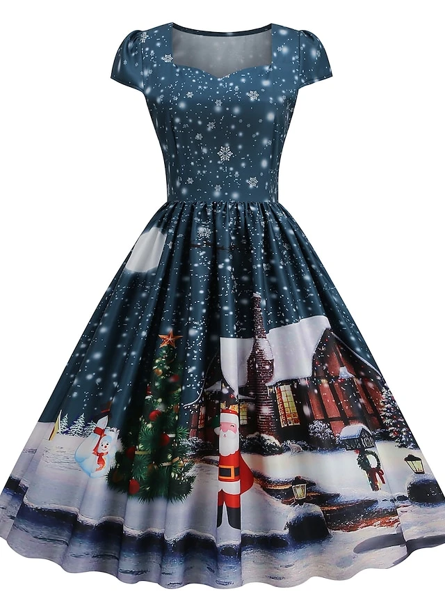 Women's Christmas Swing Dress Vintage DressKnee Length Dress Blue Wine Red Light BlueShort Sleeve Santa Claus Snowman Tree Print Fall Winter Square Neck Vintage Elegant Slim 2022 S M L XL 15 Women's Christmas Swing Dress Vintage DressKnee Length Dress Blue Wine Red Light BlueShort Sleeve Santa Claus Snowman Tree Print Fall Winter Square Neck Vintage Elegant Slim 2022 S M L XL - Image 15