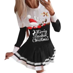 Women's Christmas Swing Dress Blue Red Black Long Sleeve Letter Santa Claus Elk Pleated Print Winter Fall Crew Neck Stylish Romantic Fall Dress Loose Fit 2022 S M L XL XXL / Winter Dress -Fashion Life Shop xnvhbv1665745381510