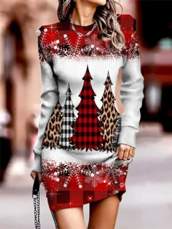 Women‘s Christmas Sweater Dress Jumper Dress Winter Dress Warm Christmas Tree Snowflake Outdoor Christmas Daily Holiday Crew Neck Long Sleeve 2023 Regular Fit Wine Blue Green S M L XL