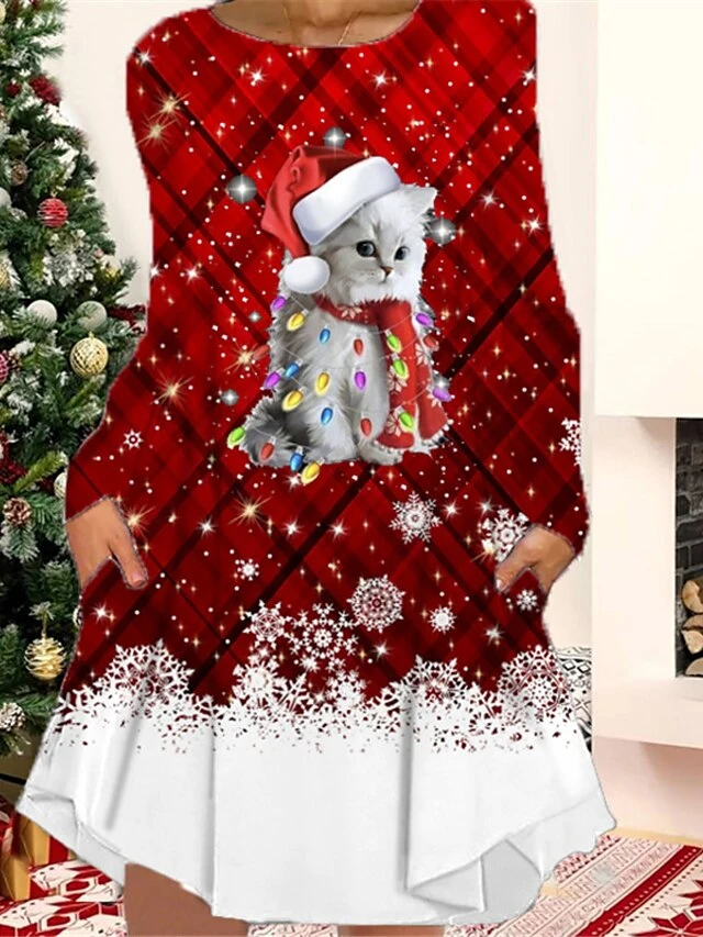 Women's Christmas Casual Dress T Shirt Dress Tee Dress Shift Dress Mini Dress Black Wine Light Red Long Sleeve Plaid Pocket Winter Fall Autumn Crew Neck Fashion 2022 S M L XL XXL 3XL 3 Women's Christmas Casual Dress T Shirt Dress Tee Dress Shift Dress Mini Dress Black Wine Light Red Long Sleeve Plaid Pocket Winter Fall Autumn Crew Neck Fashion 2022 S M L XL XXL 3XL - Image 3