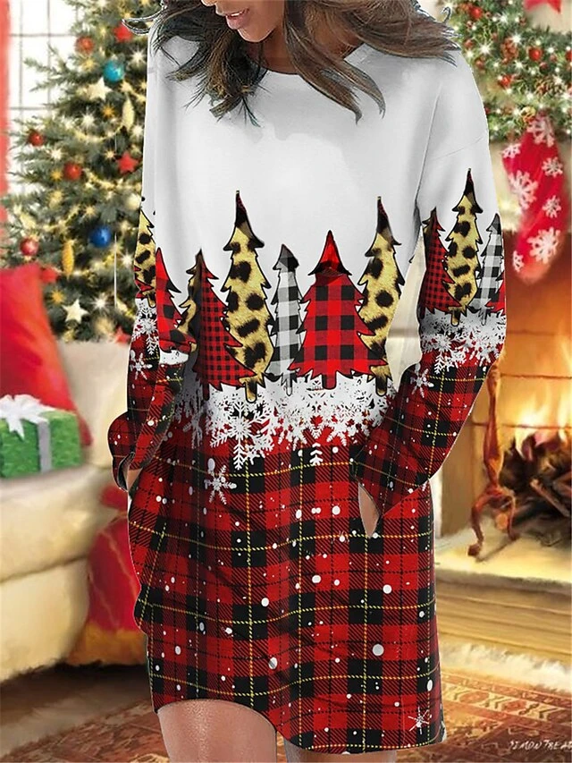 Women's Christmas Casual Dress Sweatshirt Dress Mini Dress Warm Fashion OutdoorHoliday Crew Neck Pocket PrintTree Snowflake Loose Fit Burgundy Blue Green S M L XL XXL 1 Women's Christmas Casual Dress Sweatshirt Dress Mini Dress Warm Fashion OutdoorHoliday Crew Neck Pocket PrintTree Snowflake Loose Fit Burgundy Blue Green S M L XL XXL