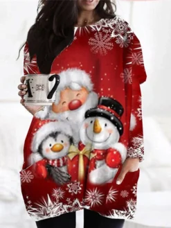 Women‘s Plus Size Christmas Dress Casual Dress Santa Claus Long Sleeve Winter Fall Casual Festival Mini Dress Going Out Dress
