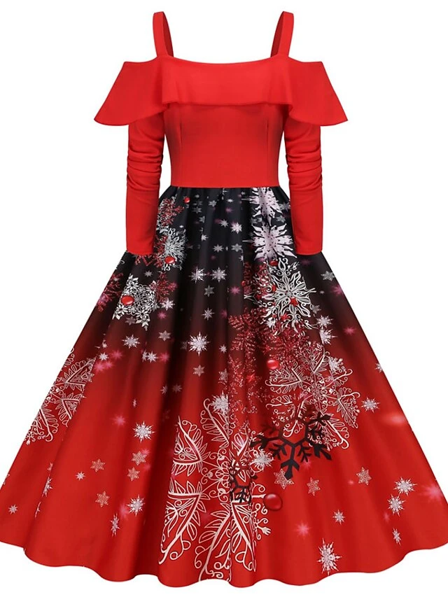 Women's Christmas Vintage DressKnee Length Dress Wine Light Red Red White Black Long Sleeve Santa Claus Elk Snowman Cold Shoulder Print Fall Winter Spaghetti Strap Vacation Vintage 2022 4 Women's Christmas Vintage DressKnee Length Dress Wine Light Red Red White Black Long Sleeve Santa Claus Elk Snowman Cold Shoulder Print Fall Winter Spaghetti Strap Vacation Vintage 2022 - Image 4