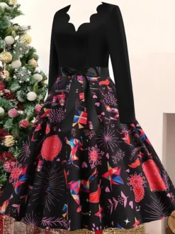 Women's Christmas Casual Dress Swing Dress Vintage Dress Midi Dress Black Wine Orange Long Sleeve Animal Bow Winter Fall Autumn V Neck 2022 S M L XL XXL 3XL -Fashion Life Shop xqcmto1668072723714