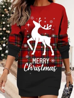 Women's Christmas Casual Dress Sweatshirt Dress Mini Dress Warm Fashion OutdoorVacation Crew Neck Print GeometricTree Print Loose Fit Black White Wine S M L XL XXL