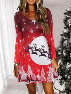 Women's Christmas Shift DressShort Mini Dress Blue Purple Red Long Sleeve Tree Print Snowflake Patchwork Print Fall Winter Crew Neck Casual 2022 S M L XL 2XL -Fashion Life Shop xqmvpo1663324606286